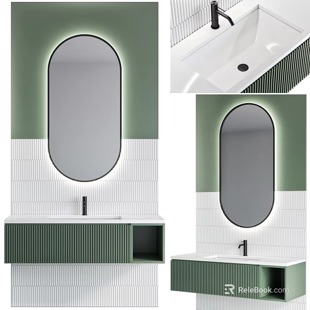 Modern Washbasin Vanity Design Green And White With Oval Illuminated Mirror Tile Backsplash And Cabinet 3d model 