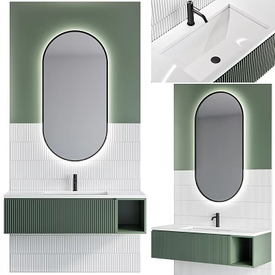 Modern Washbasin Vanity Design Green And White With Oval Illuminated Mirror Tile Backsplash And Cabinet 3d model