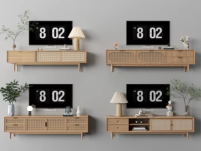 Wooden TV Stand With Woven Doors TV Table Lamp Plant And Decorations 3d model