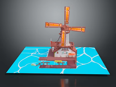 3D Windmill Model Kit Featuring Orange Blades Blue Water Base And Small House Platform 3d model