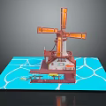 3D Windmill Model Kit Featuring Orange Blades Blue Water Base And Small House Platform