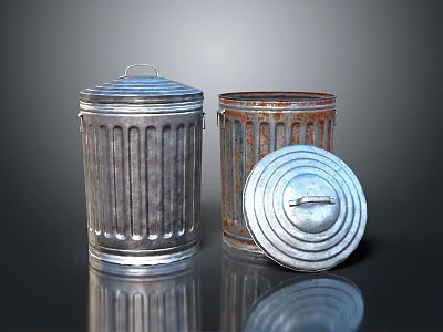 Metal Trash Cans With Silver Closed Lid And Rusted Open Top Design 3d model