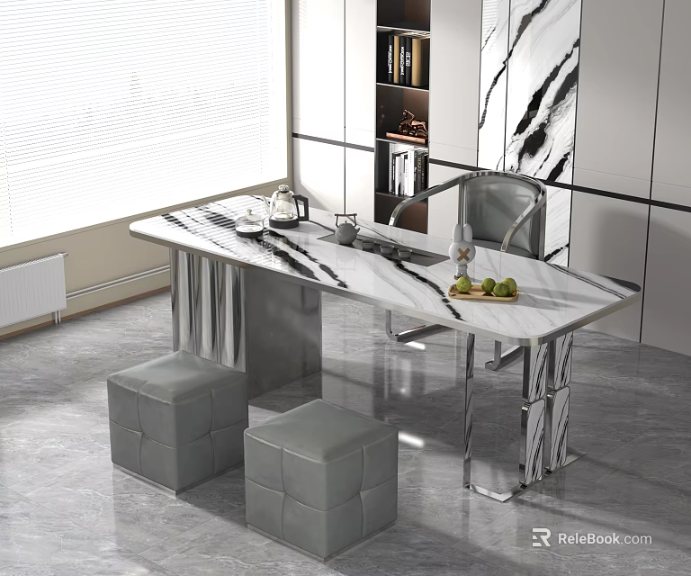 Modern Tea Table and Chairs with Marble Top Chrome Frame and Gray Stools 3d model