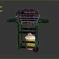 Black Outdoor Grill with Side Trays Wheeled Stand and Green White Gas Cylinder