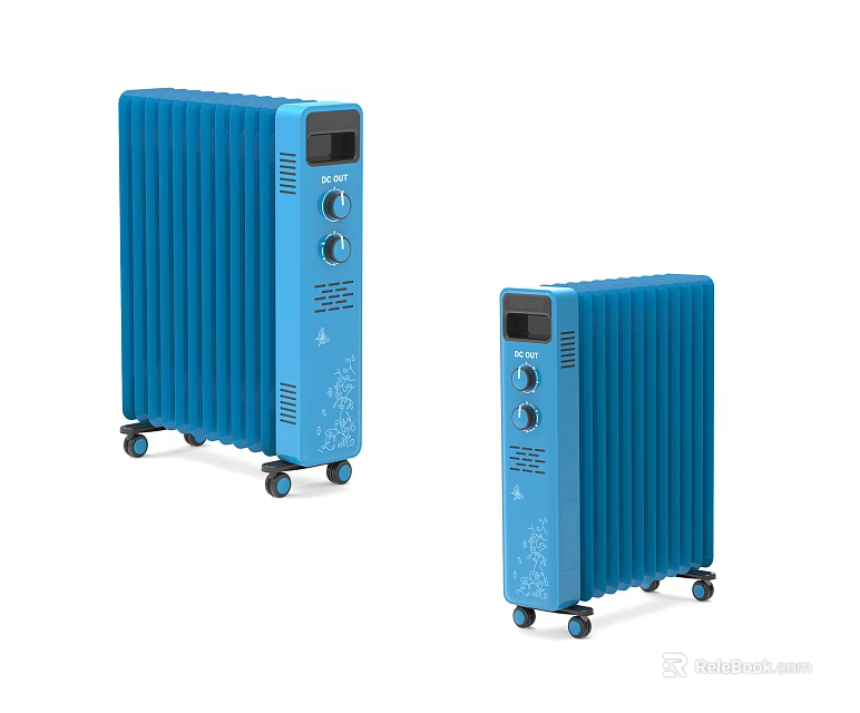 Blue Electric Heaters With Wheels And Control Knobs In Different Sizes 3d model