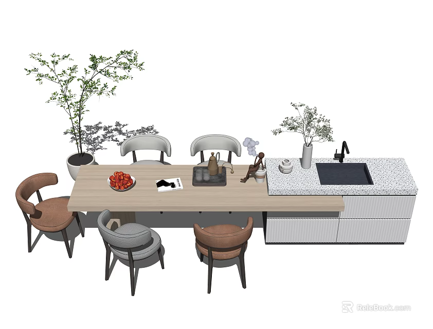 Modern Dining Table Set With Chairs Fruit Bowl Potted Plants And Kitchen Counter 3d model 
