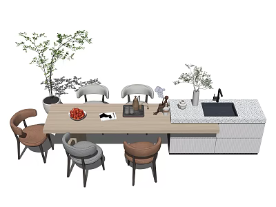 Modern Dining Table Set With Chairs Fruit Bowl Potted Plants And Kitchen Counter 3d model