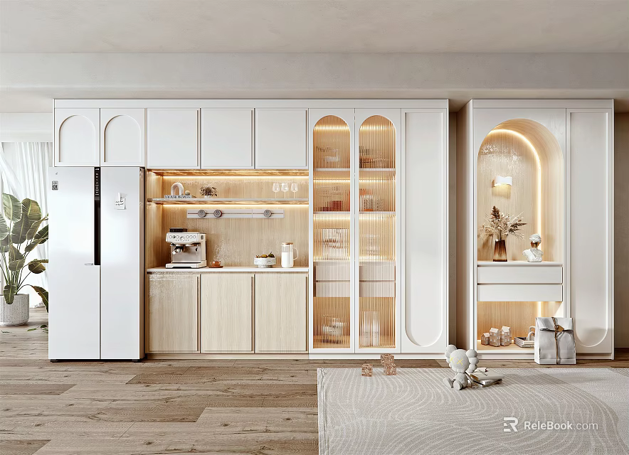 White and Wooden Sideboard Cabinet with Glass Doors LED Lighting in Modern Kitchen 3d model 