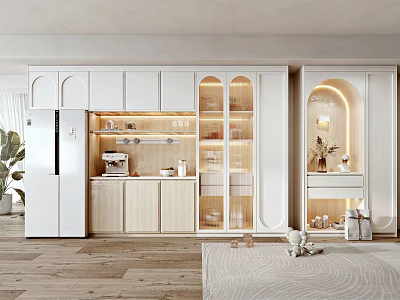 White and Wooden Sideboard Cabinet with Glass Doors LED Lighting in Modern Kitchen 3d model