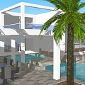 Modern Detached Villa With White Exterior Large Windows Palm Trees Pool And Yacht