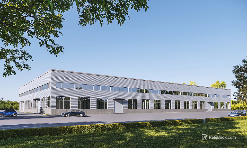 Modern Industrial Factory Exterior With Steel Structure Large Windows And Green Surroundings 3d model 