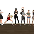 Group of Women with Various Active and Casual Poses Different Outfits Indoors on Wooden Floor