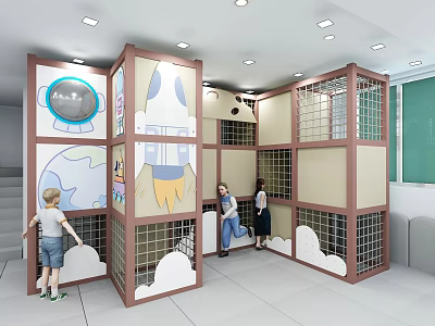Colorful Kindergarten Activity Space With Kids Playing Rocket Globe Decorations And Grid Partitions 3d model