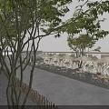 Outdoor Restaurant With Straw Umbrellas Tents String Lights And City Skyline At Night