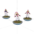 Three Pink Character Figurines Standing on Circular Bases with Colorful Platforms