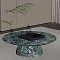 Modern Living Room Interior With Round Marble Coffee Table Tray Glass Cups And Green Plant