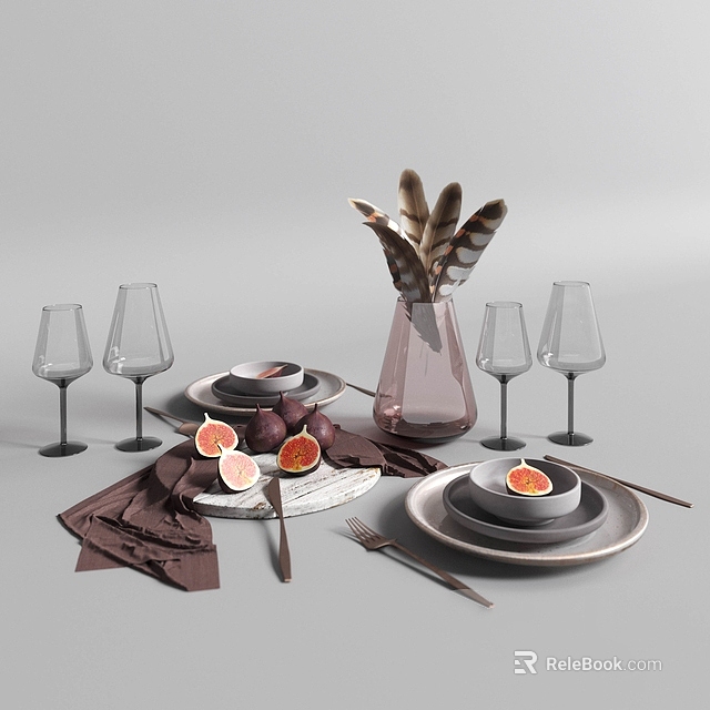 Elegant Dinnerware Set With Wine Glasses Plates Bowls Cutlery Pink Vase Feathers And Figs 3d model 