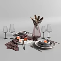 Elegant Dinnerware Set With Wine Glasses Plates Bowls Cutlery Pink Vase Feathers And Figs