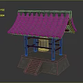 Cartoon Scene Of Traditional Pavilion With Tile Roof Wooden Structure Stone Steps And Bell