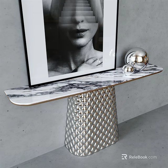 Modern Console Table With Marble Top And Metallic Diamond Pattern Base Featuring Decorative Sphere 3d model