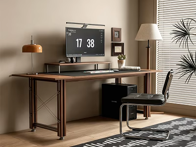 Modern Wooden Desk and Chair Set in Home Office with Monitor Lamp and Potted Plant 3d model
