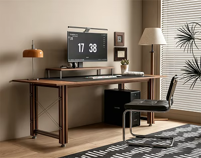 Modern Wooden Desk and Chair Set in Home Office with Monitor Lamp and Potted Plant 3d model