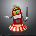Anthropomorphic Red Vending Machine Character With Popcorn Top Holding Gun On Striped Base