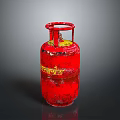 Red LPG Gas Cylinder With Yellow Stripe And Worn Exterior Surface Details