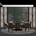 Elegant Chinese Style Restaurant Interior With Round Dining Table Chairs Decorative Wall And Green Plant