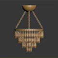 Golden Chandelier Featuring Round Base With Chains And Circular Frame Hanging Slender Decorative Strips