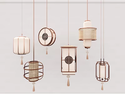 Traditional Chinese Oriental Chandeliers Featuring Lantern Shaped Rattan Fabric and Wooden Frames 3d model