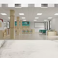 Modern Pharmacy Interior With SPS Sign Wooden Pillars Shelves Ceiling Lights And Glass Door