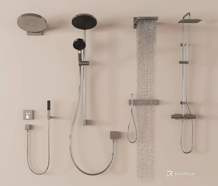 Modern Various Types of Shower Heads Including Wall Mounted Rainfall Handheld and Waterfall Designs 3d model 