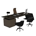 Modern Dark Wood Office Desk With Computer Monitor Table Lamp And Wheeled Office Chairs