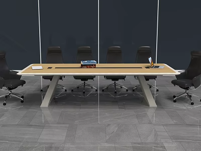 Modern Conference Table With Black Office Chairs And Stationery In Office Space 3d model