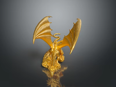 Game Movie Character Golden Dragon Mythical Statue with Detailed Wings and Shiny Metallic Finish 3d model