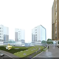 Modern Office Building Complex With Multiple Structures Green Lawn Fountain And Outdoor Seating