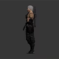 3D Rendered Ninja Character With White Hair Black Outfit And Swords On Back Standing Pose