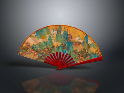 Traditional Chinese Folding Fan With Colorful Landscape Painting And Red Ribs 3d model