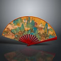 Traditional Chinese Folding Fan With Colorful Landscape Painting And Red Ribs
