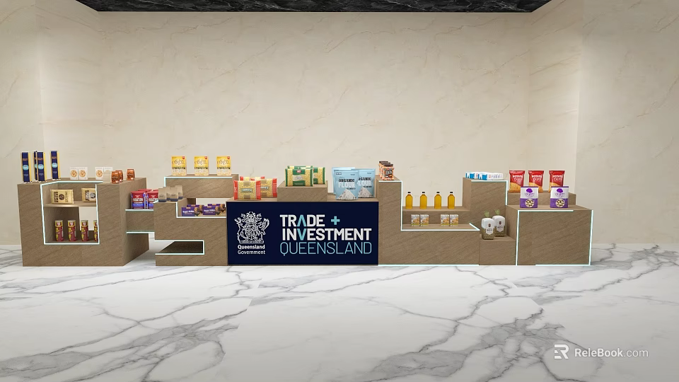 Display Shelves with Various Merchandise for Trade Investment Africa in Modern Hall 3d model 