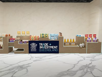 Display Shelves with Various Merchandise for Trade Investment Africa in Modern Hall 3d model
