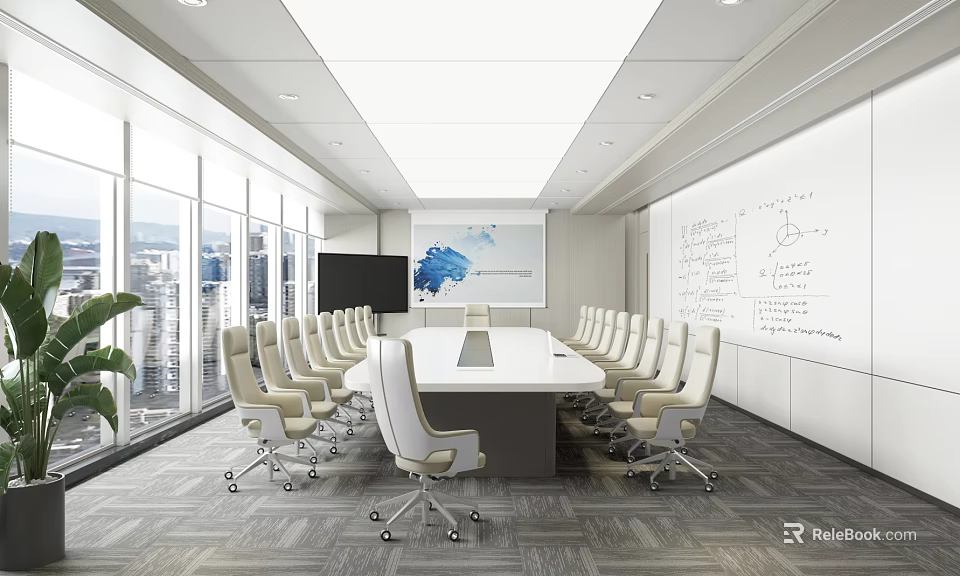 Modern Conference Room With Long Table White Rolling Chairs Whiteboard Green Plant And City View 3d model 