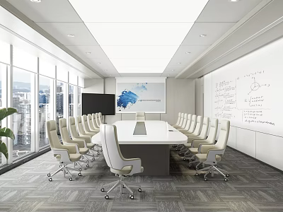 Modern Conference Room With Long Table White Rolling Chairs Whiteboard Green Plant And City View 3d model