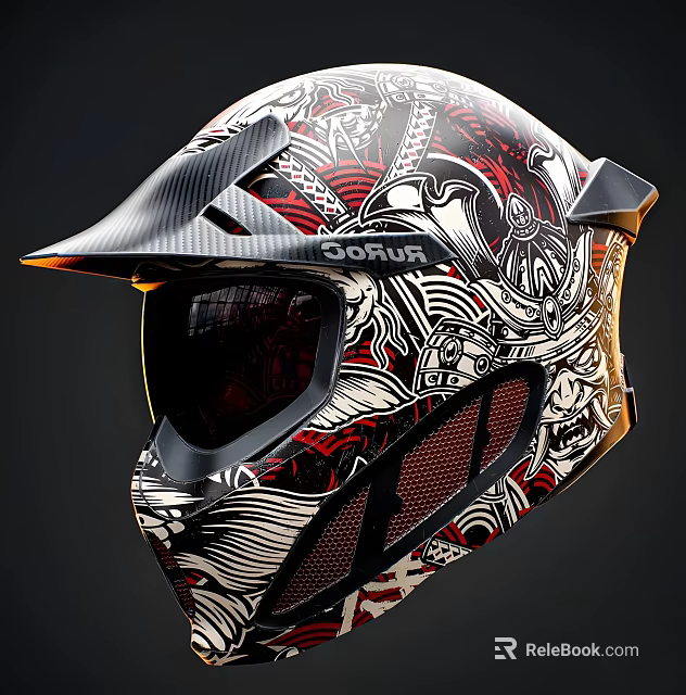 Gorjus Helmet With Intricate Red Black White Gold Designs Carbon Fiber And Tinted Visor 3d model 