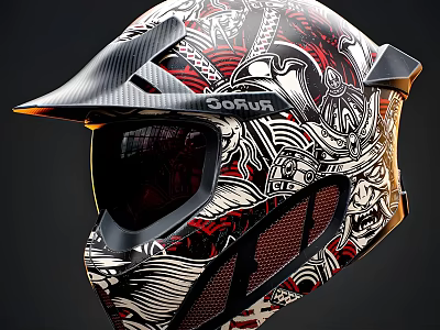 Gorjus Helmet With Intricate Red Black White Gold Designs Carbon Fiber And Tinted Visor 3d model
