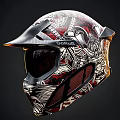 Gorjus Helmet With Intricate Red Black White Gold Designs Carbon Fiber And Tinted Visor