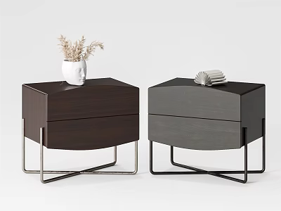 Modern Wooden Bedside Tables With Metal Legs White Vase And Stacked Books 3d model