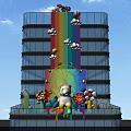 Colorful Art Installation On High Rise Building Facade With Rainbow Clouds Ferris Wheel Cartoon Bear And Flowers