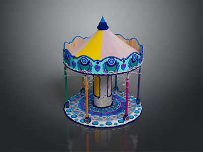 Decorative Carousel With Yellow Pink Top Blue Patterns Colorful Poles And Circular Base 3d model